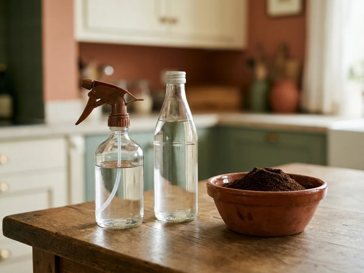 Vaporisateur en verre et bouteille de vinaigre blanc à côté d'un bol de marc de café