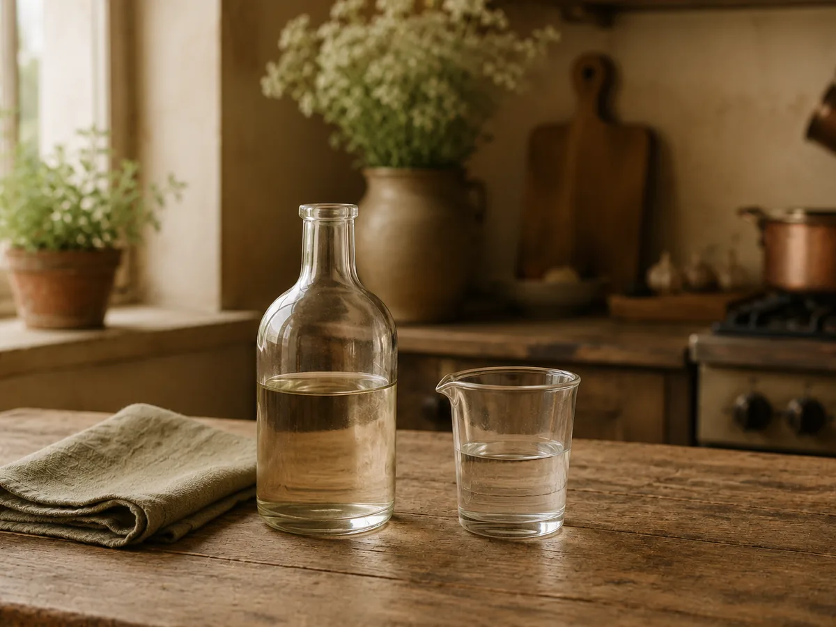 Bouteille de vinaigre blanc et verre doseur pour détartrer une machine à café