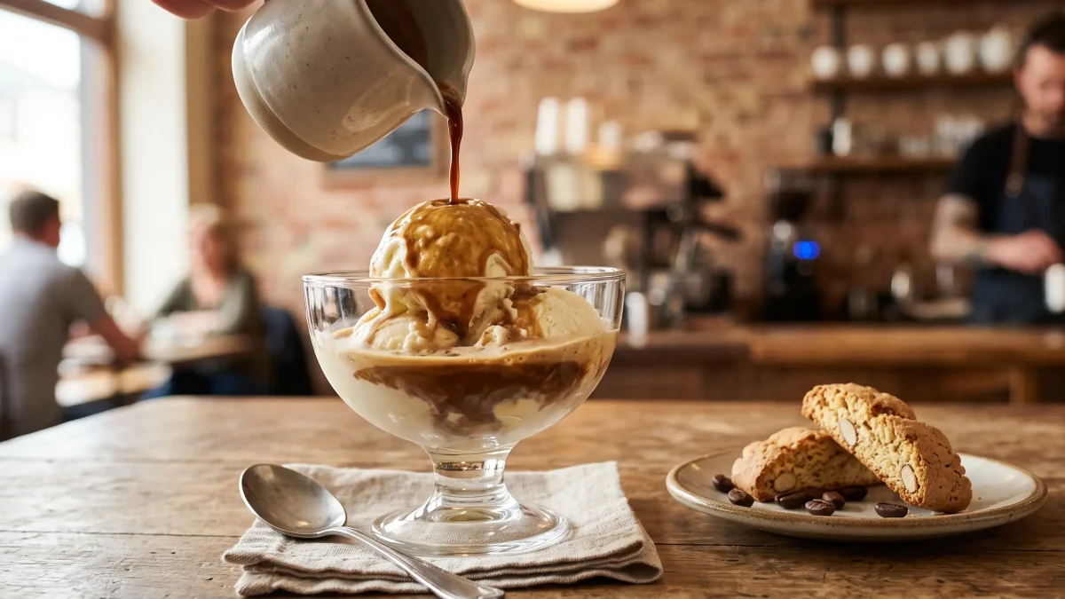 Affogato : boule de glace vanille noyée sous un espresso chaud dans un verre