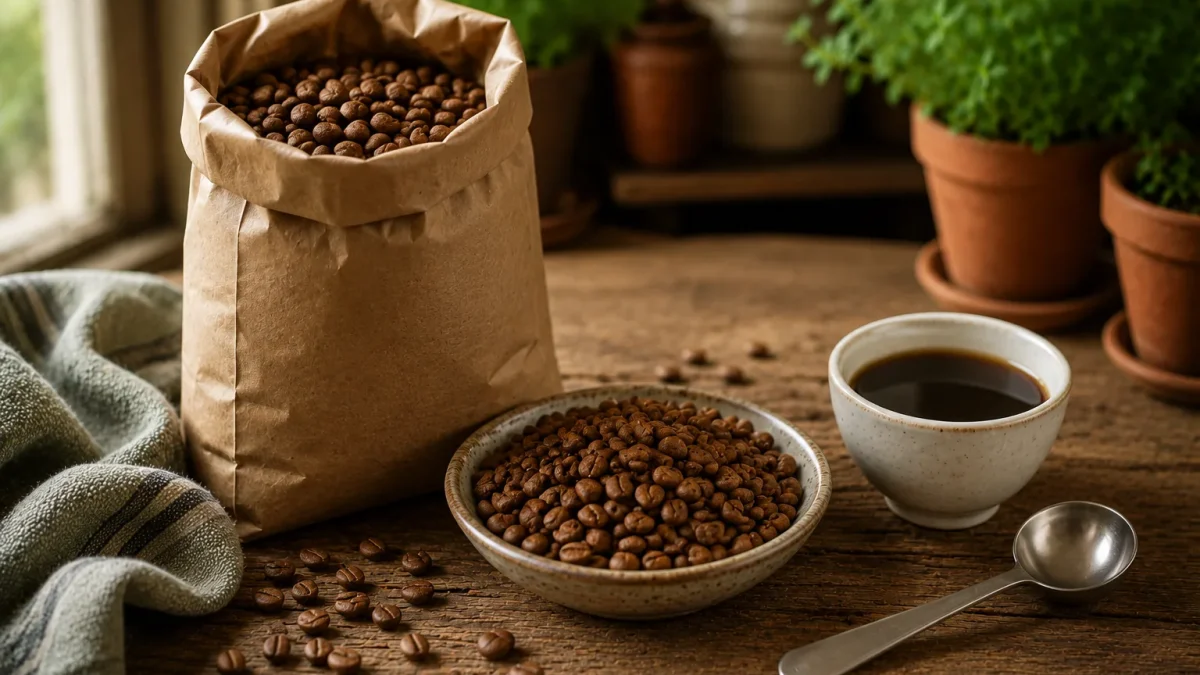Grains de café de spécialité et tasse de dégustation sur un plan de travail en bois