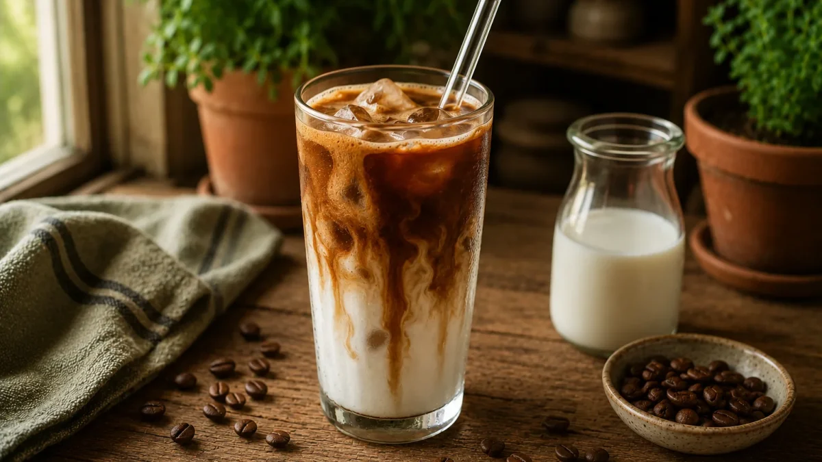 Grand verre de café glacé au lait avec glaçons et volutes de café