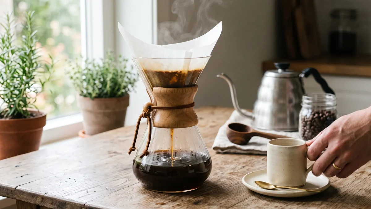 Cafetière Chemex en verre avec collier en bois, méthode filtre slow coffee