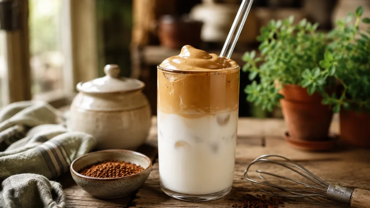 Verre de dalgona coffee avec sa mousse de café fouettée sur du lait glacé