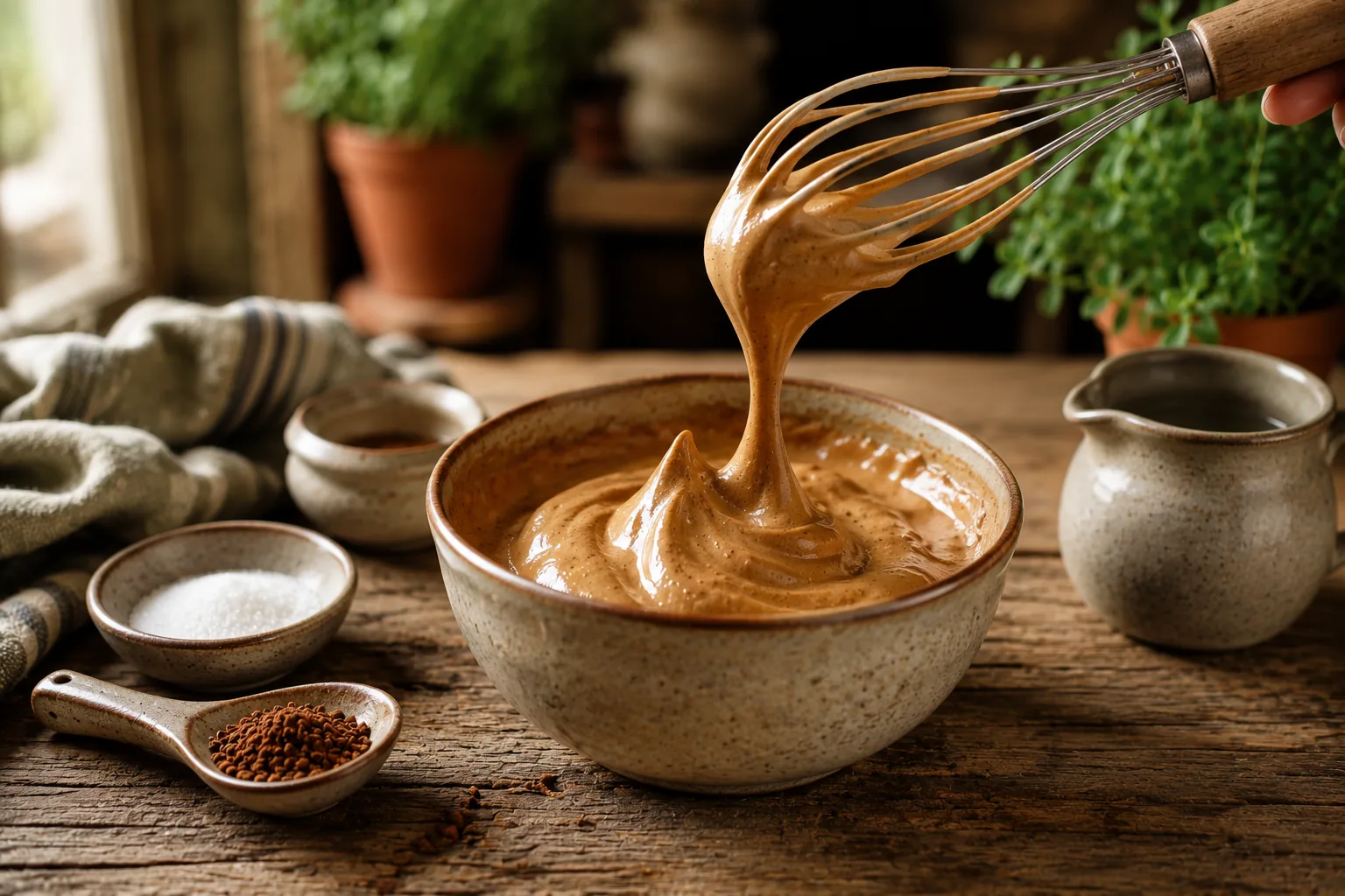 Mousse de café instantané fouettée avec du sucre dans un bol, prête pour un dalgona coffee