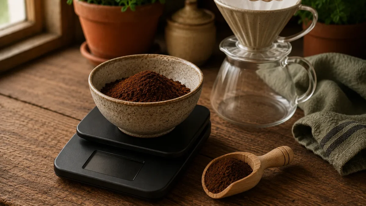 Balance de cuisine avec du café moulu pesé devant une cafetière filtre