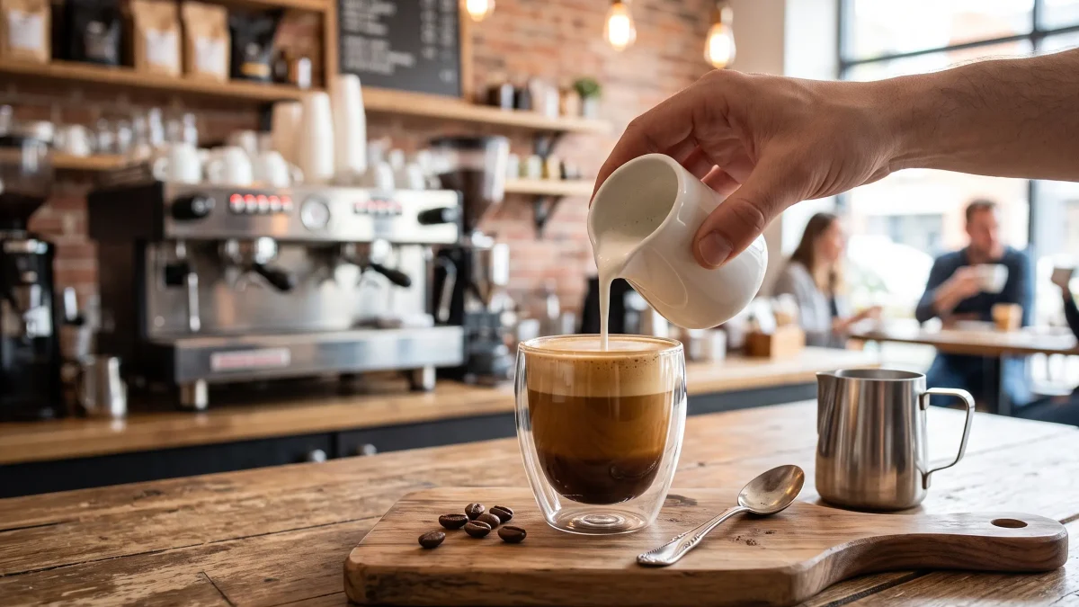Flat white : espresso recouvert d'un lait vapeur en micro-mousse avec latte art dans une tasse