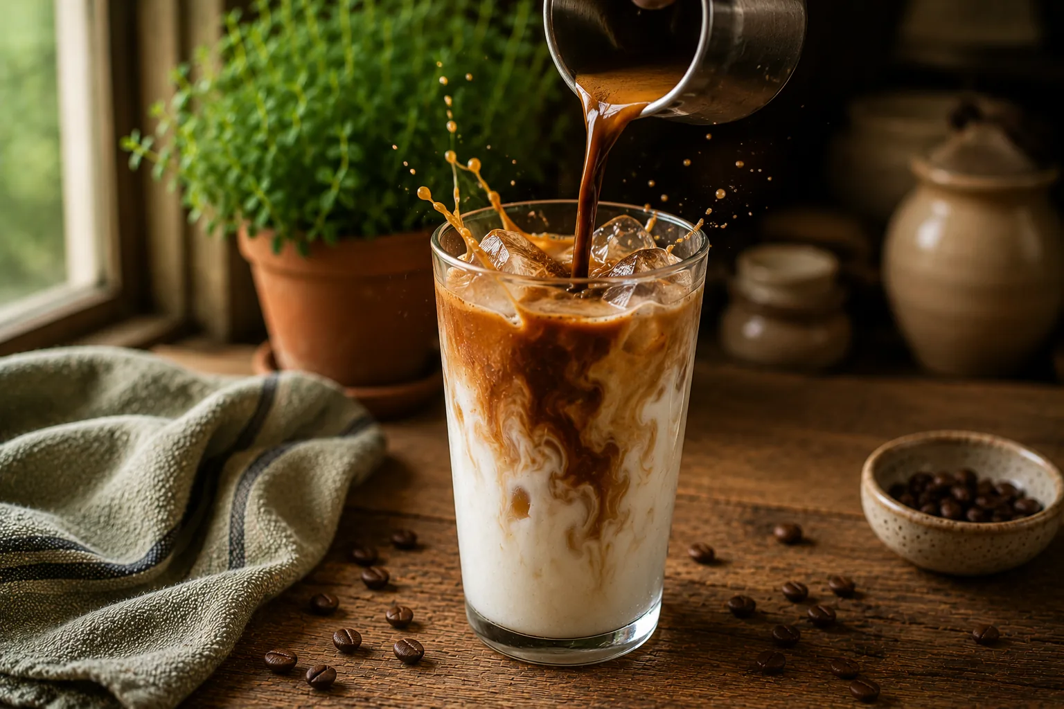 Espresso versé sur des glaçons et du lait pour préparer un latte glacé