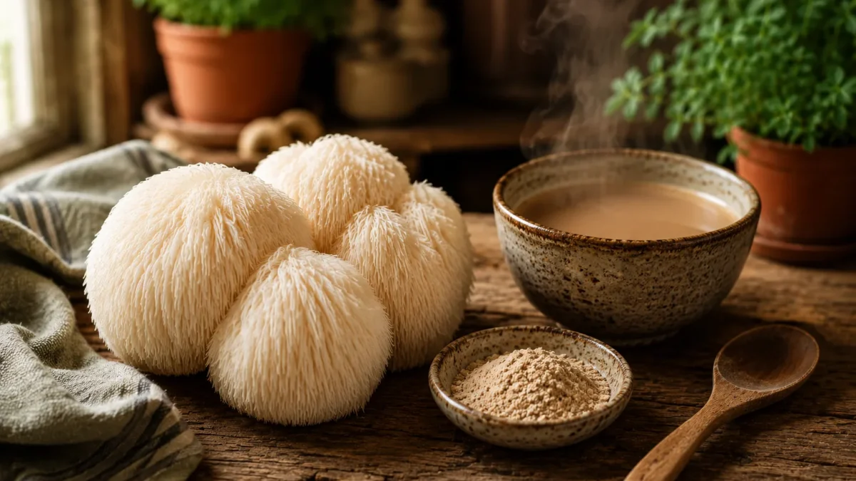 Champignons lion's mane frais et bol de boisson au champignon sur une table en bois