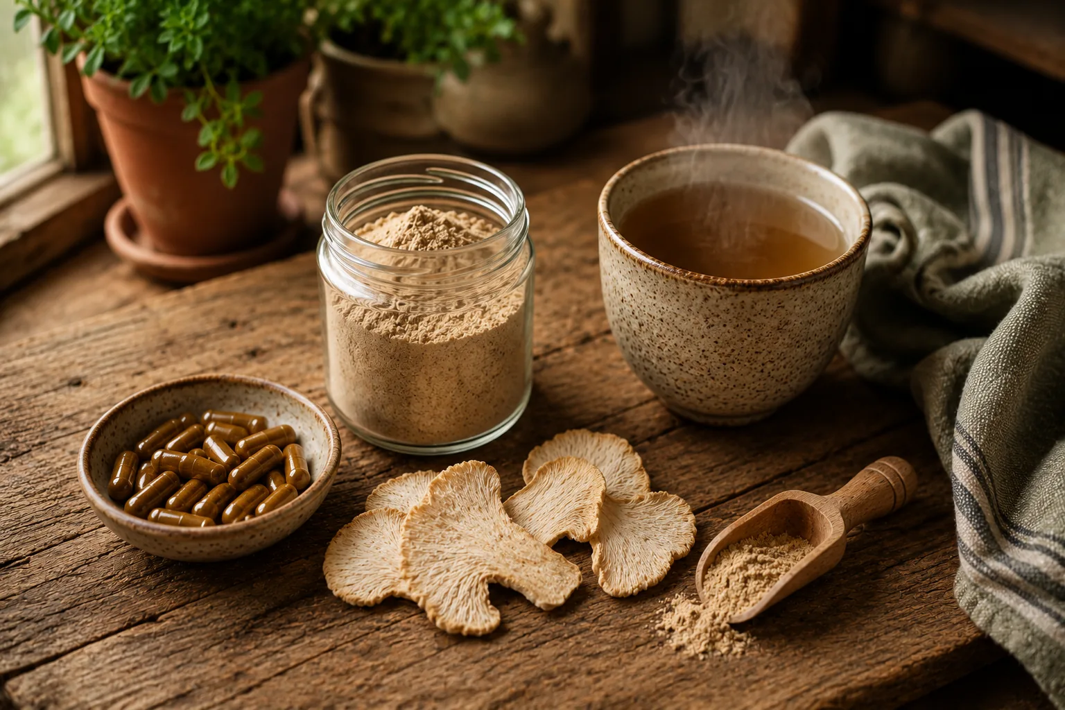 Poudre, gélules, champignon séché et infusion de lion's mane présentés côte à côte