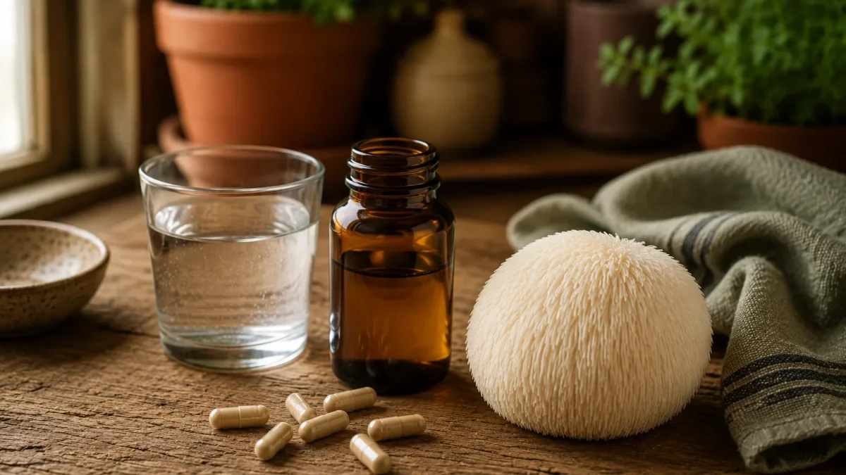 Complément de lion's mane en gélules et champignon frais posés près d'un verre d'eau