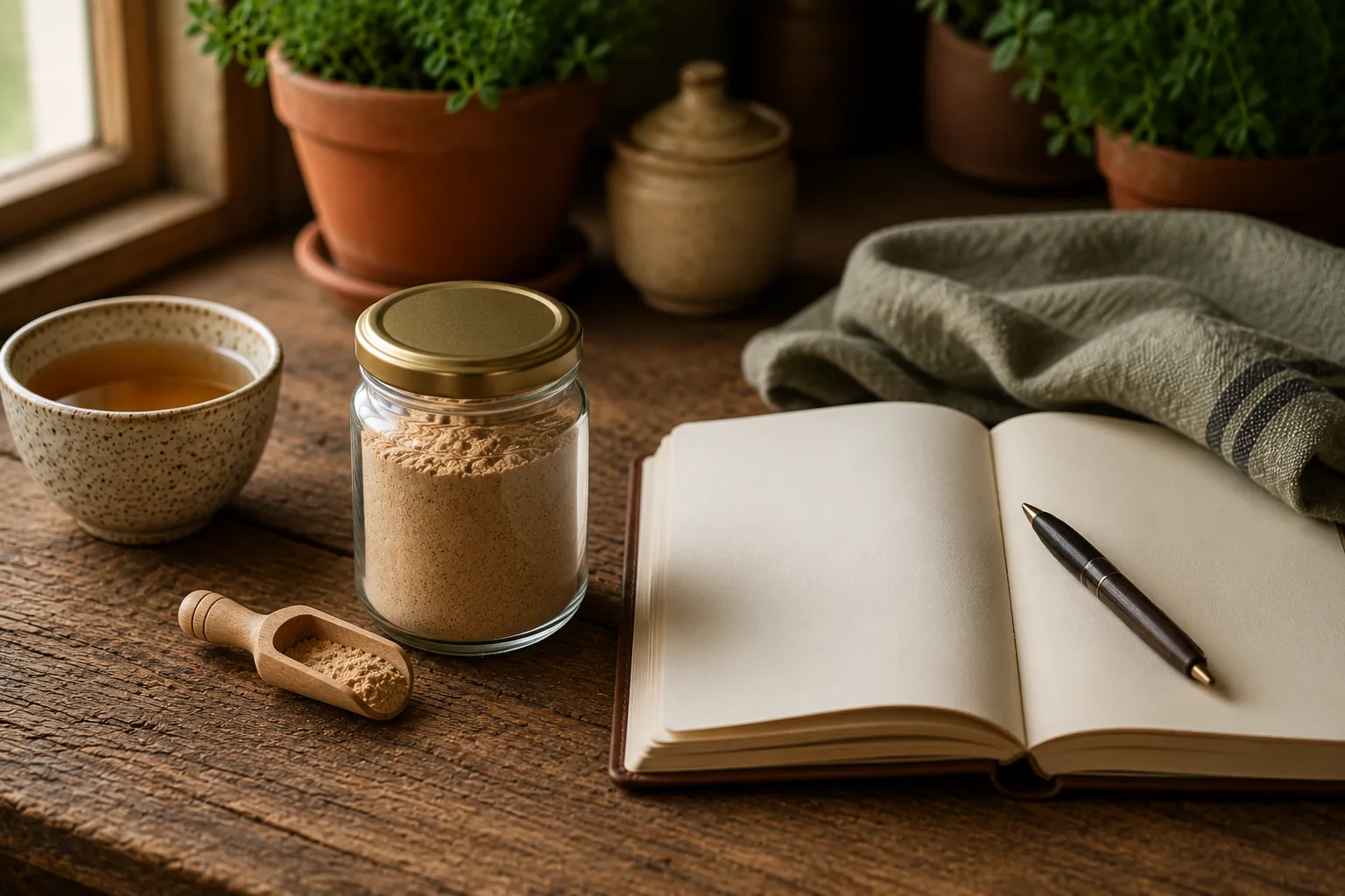 Poudre de lion's mane, cuillère doseuse et carnet de notes sur une table en bois