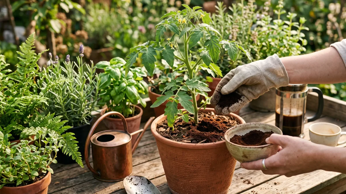 Marc de café utilisé comme engrais naturel au pied des plantes du jardin
