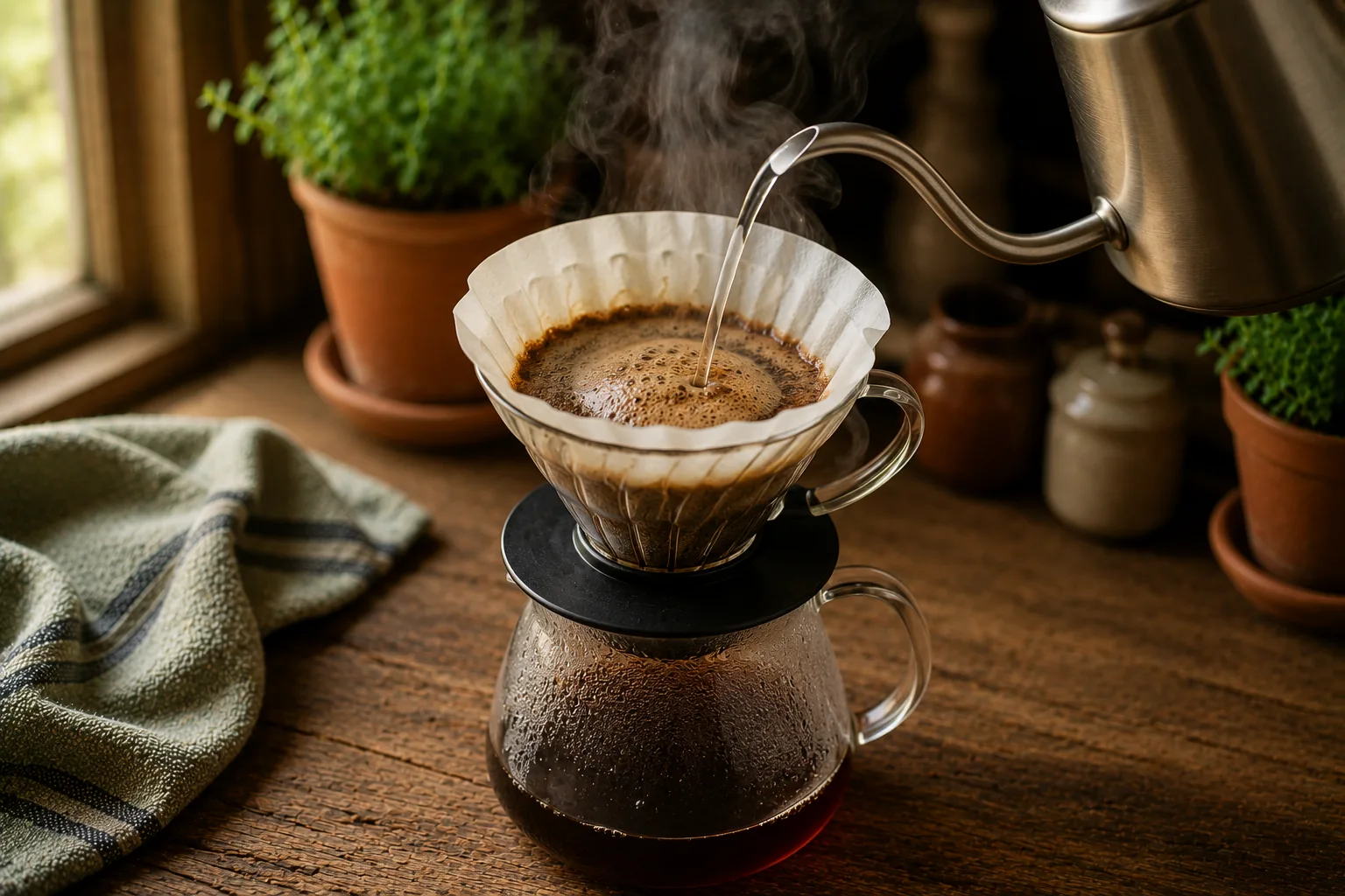 Eau chaude versée en spirale sur du café moulu dans un porte-filtre conique