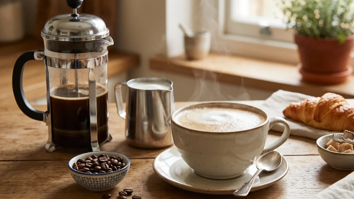 Café au lait servi dans une grande tasse avec une mousse de lait crémeuse
