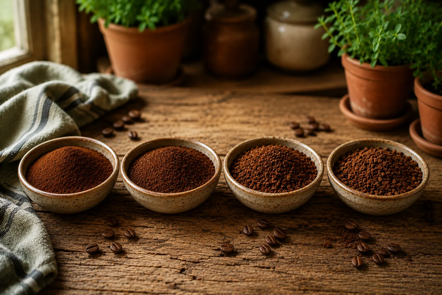 Quatre bols comparant les tailles de mouture du café, de la plus fine à la plus grossière